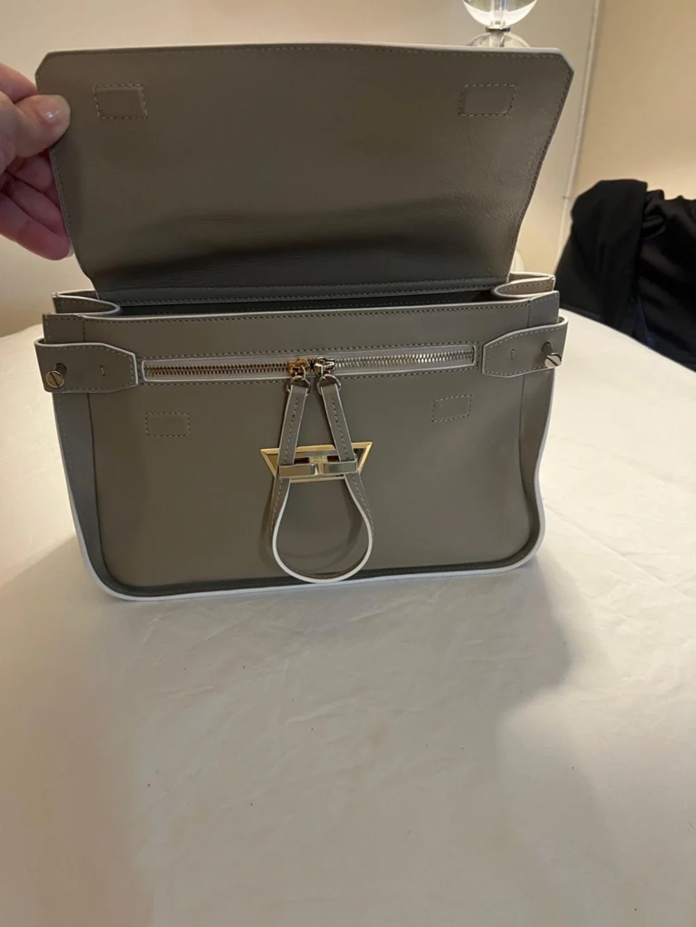 Neutral Gray Structured Satchel with Top Handle and Detachable Strap